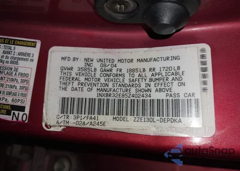 2005 Toyota Corolla Ce z USA, uszkodzony, nr VIN 1NXBR32E85Z402434